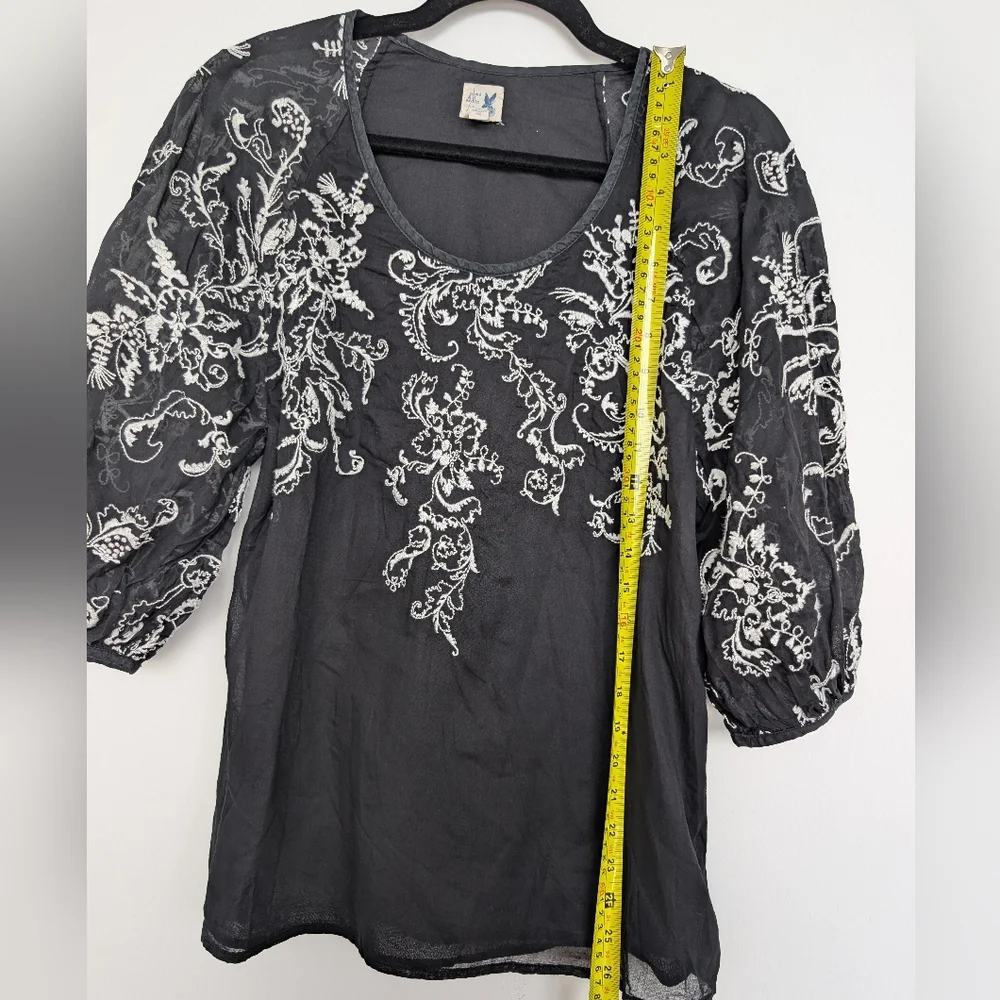 Anthropologie Edme & Esyllte Embroidered Puff Sleeve Cotton Silk Blouse Sz 6